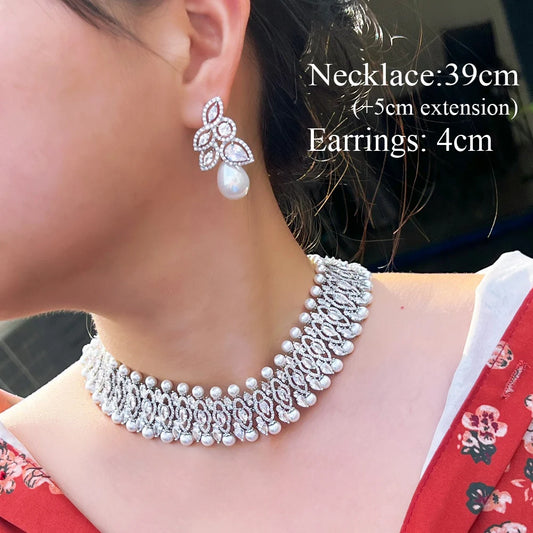 Luxury Jewellery Set Cubic Zirconia Crystal Pearl Necklace and Earrings Set