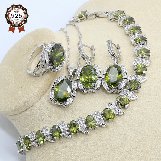 Silver Dubai Jewelry Set for Women With Bracelet Earrings Pendant Ring