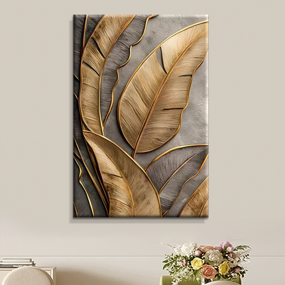 Luxury Golden Leaf Abstract Wall Painting | Modern Botanical Canvas Wall Art for Living Room Bedroom Office | Premium A3 Size Framed Decor Poster