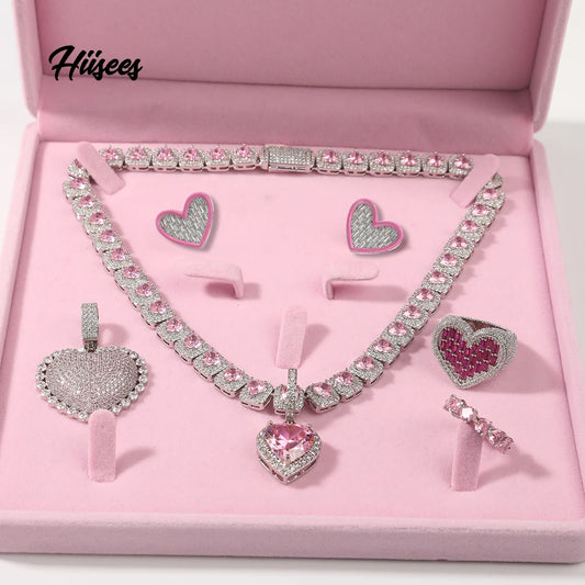 Necklace Heart Pendant Earrings Set Make a Wish Pink Cz Jewellery Sets for Woman