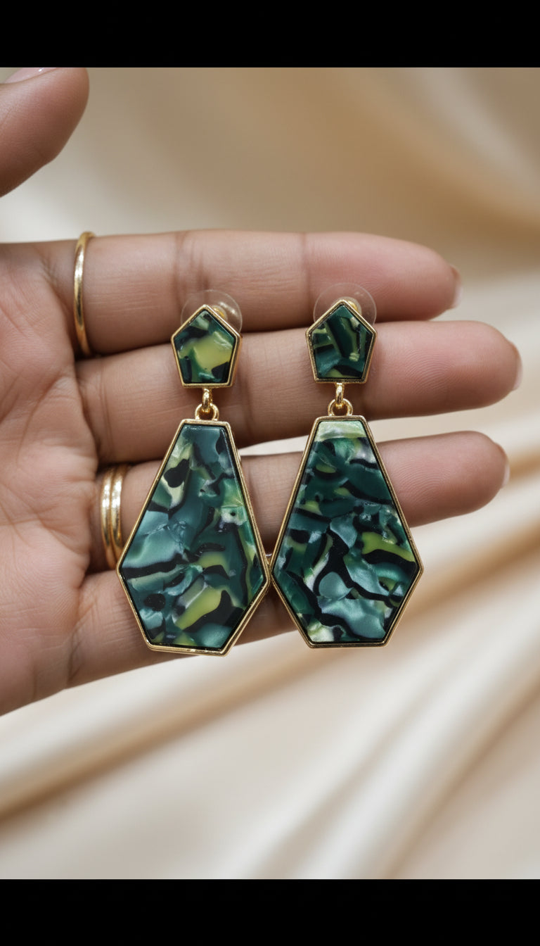 Green Marble Geometric Drop Earrings – Gold Finish