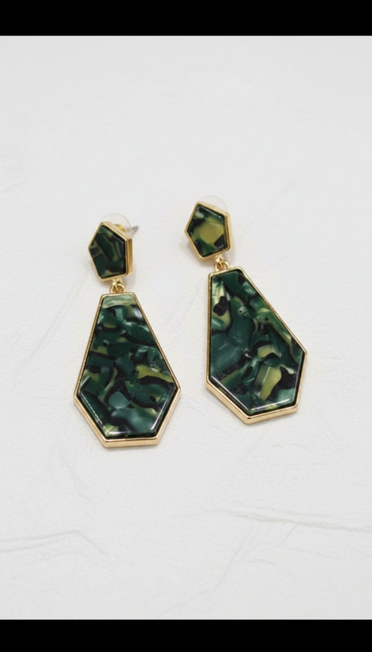 Green Marble Geometric Drop Earrings – Gold Finish