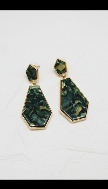 Green Marble Geometric Drop Earrings – Gold Finish