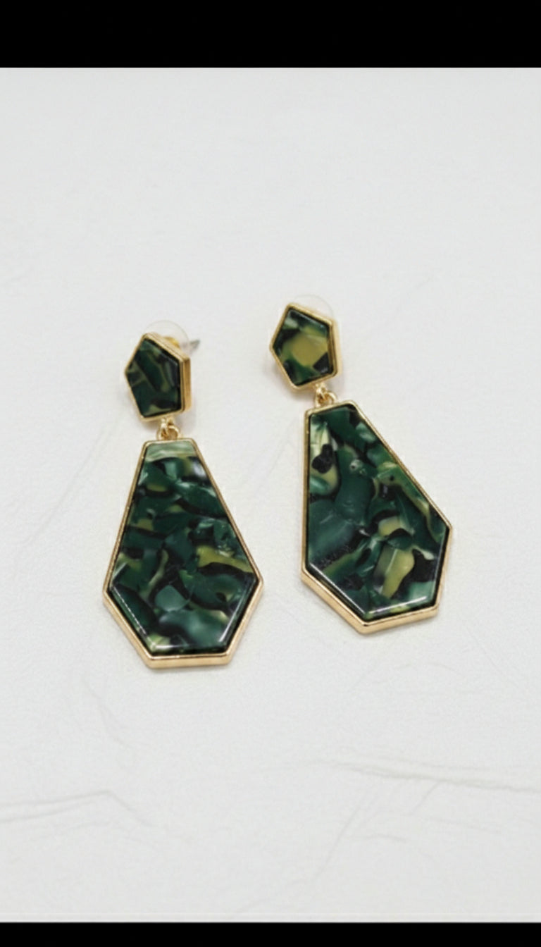 Green Marble Geometric Drop Earrings – Gold Finish