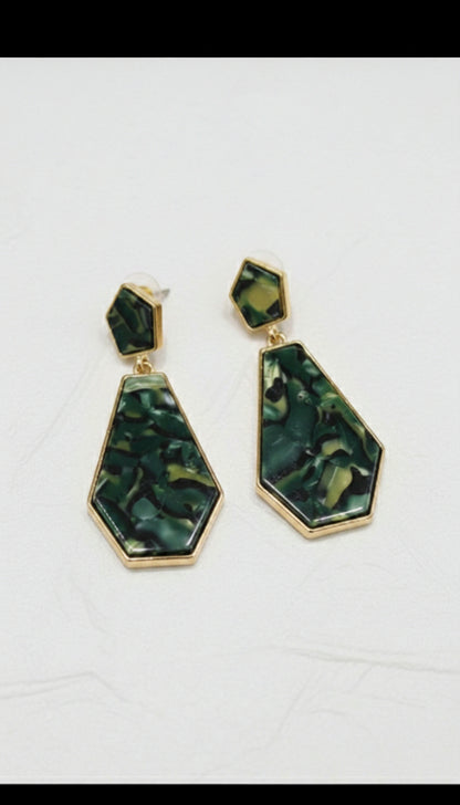 Green Marble Geometric Drop Earrings – Gold Finish
