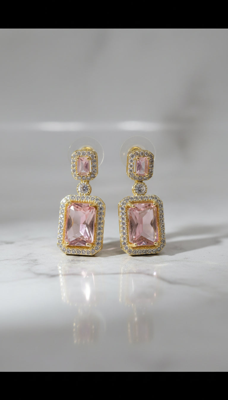 Crystal Statement Drop Earrings, Pink, Green – Gold Finish