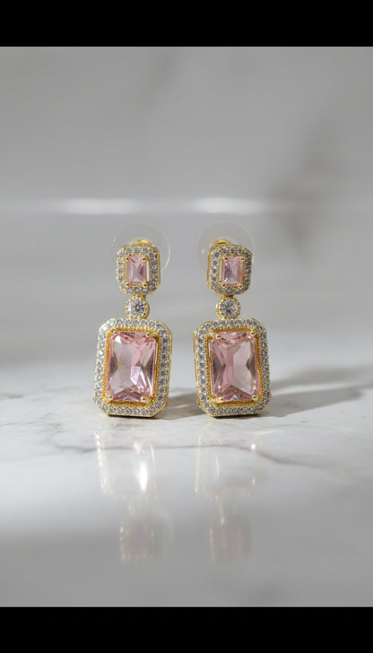 Crystal Statement Drop Earrings, Pink, Green – Gold Finish