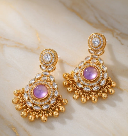Gold Plated Kundan Chandbali Earrings with Pink & Green Stone