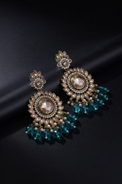 Teal Blue & Champagne Gold Statement Kundan Earrings