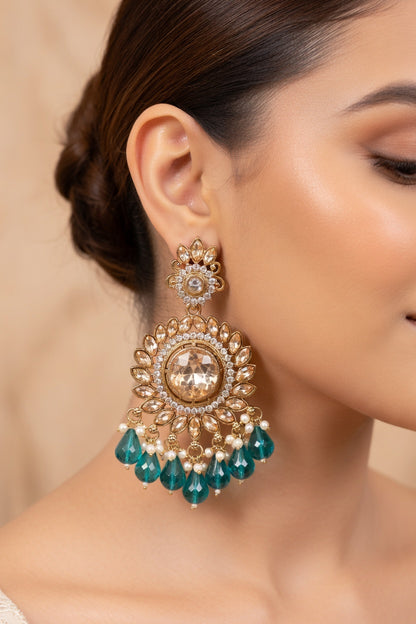 Teal Blue & Champagne Gold Statement Kundan Earrings