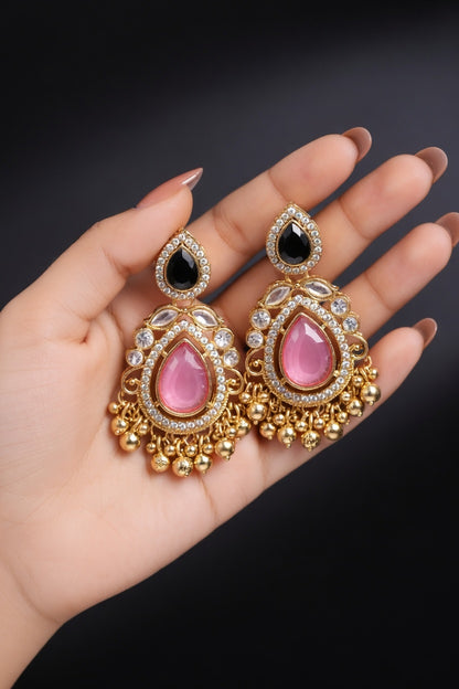 Green & Pink Kundan Jhumka Earrings for Women