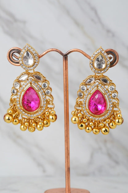 Green & Pink Kundan Jhumka Earrings for Women