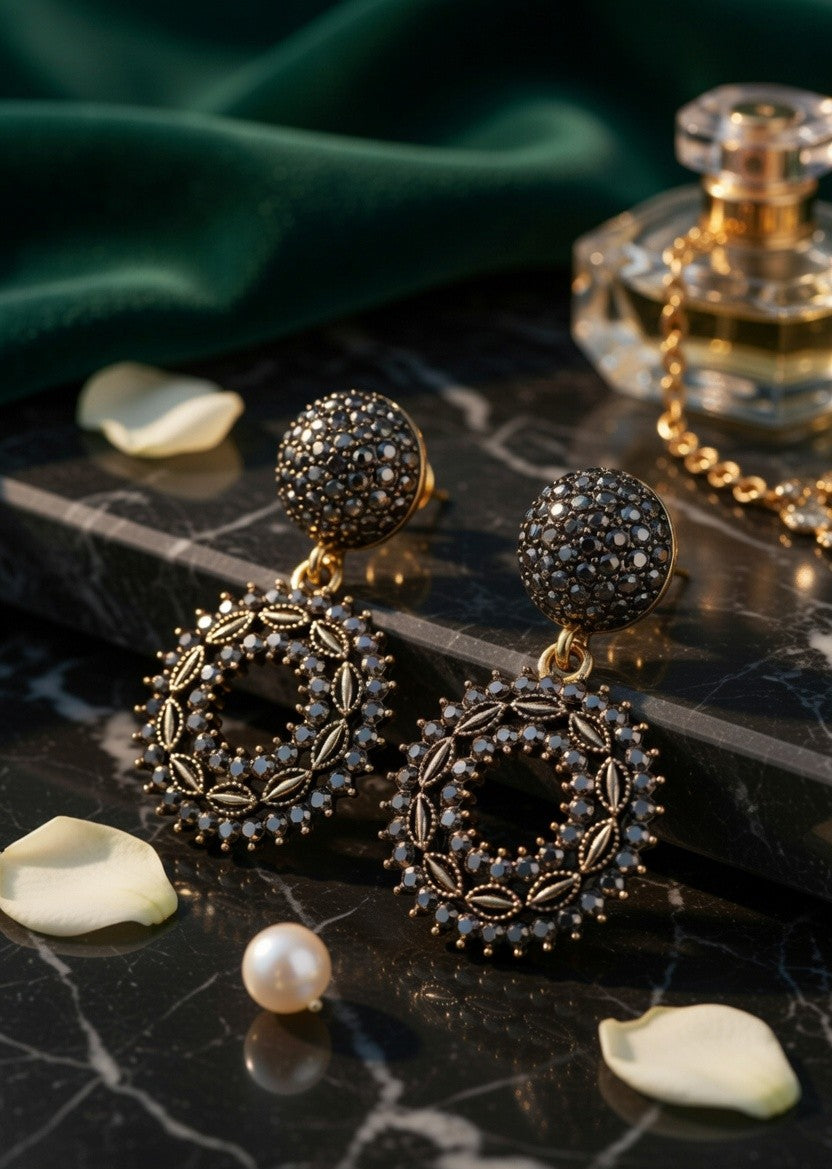 Black Oxidised Round Drop Earrings for Women