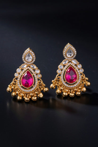 Green & Pink Kundan Jhumka Earrings for Women