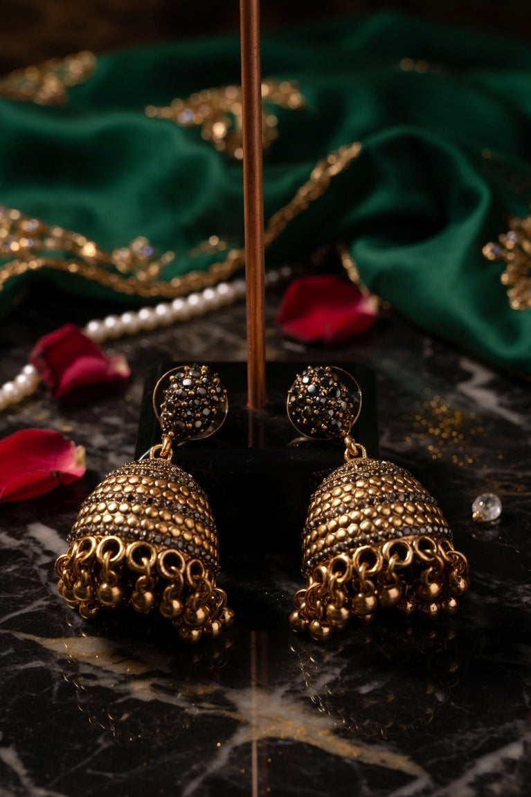 Oxidised Gold Plated Traditional Dome Jhumkas with Sparkling Black Stones