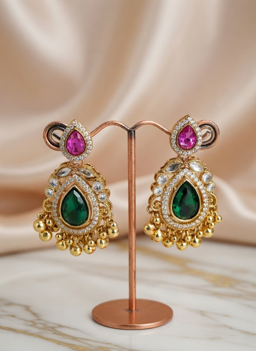 Artificial Pink Stone Kundan Drop Earrings for Women