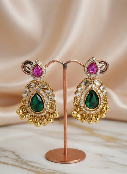 Artificial Pink Stone Kundan Drop Earrings for Women