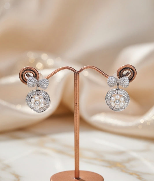 Elegant Pearl & Crystal Bow Drop Earrings for Women