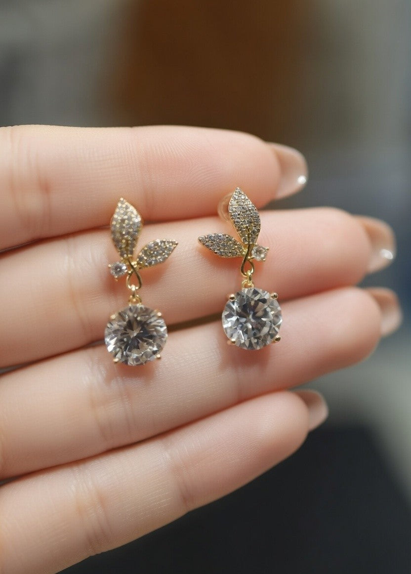 Golden Leaf Drop Earrings with Oversized Round CZ