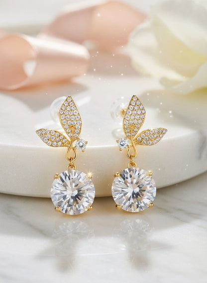 Golden Leaf Drop Earrings with Oversized Round CZ