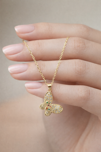 Gold Butterfly Pendant Necklace for Women – Crystal Studded Elegant Butterfly Charm Chain
