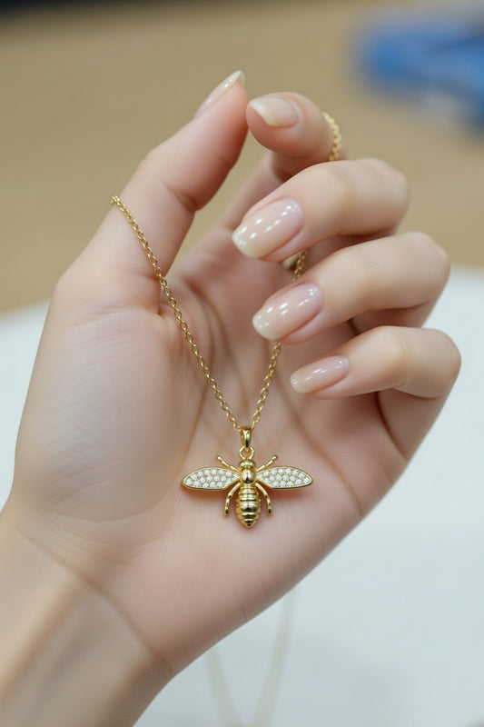 Gold Bee Pendant Necklace for Women – Crystal Honeybee Charm Minimalist Chain Jewelry