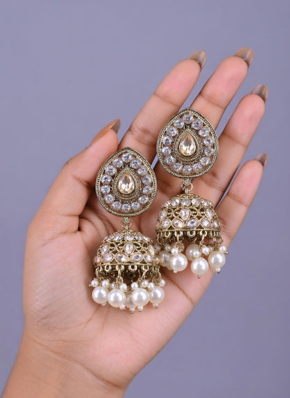 Traditional Artificial Kundan Jhumkas in Antique Gold with Pearl Tassels – Festive Ready