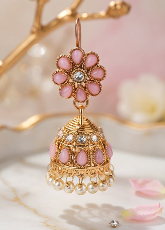 Artificial Pink & Green Small Jhumka Earrings with Pearl Drops