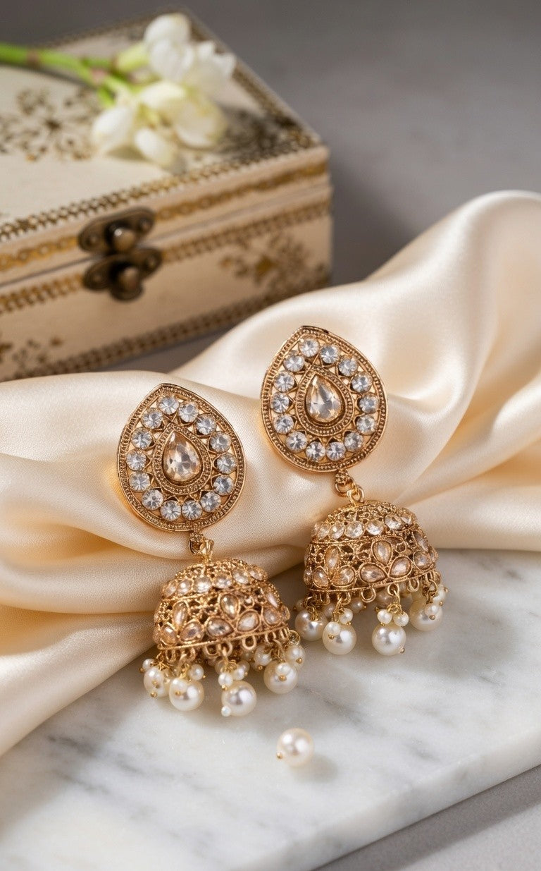Traditional Artificial Kundan Jhumkas in Antique Gold with Pearl Tassels – Festive Ready