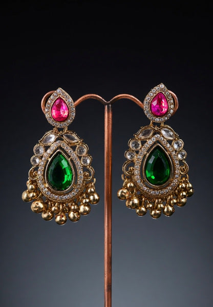 Green & Pink Kundan Jhumka Earrings for Women