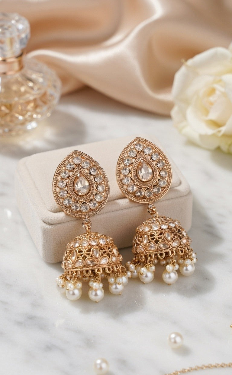 Traditional Artificial Kundan Jhumkas in Antique Gold with Pearl Tassels – Festive Ready