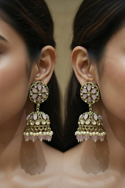 Ruby Kundan Pearl Jhumka Earrings
