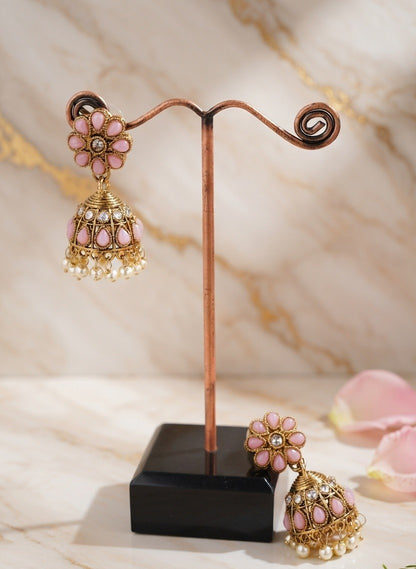 Artificial Pink & Green Small Jhumka Earrings with Pearl Drops
