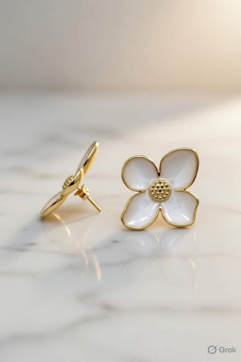 Black & White Enamel Gold Flower Stud Earrings