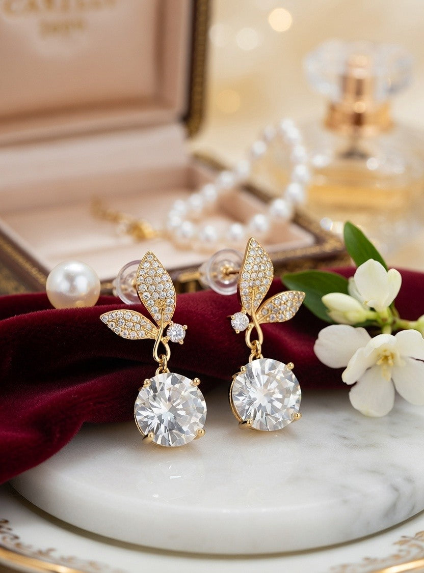 Golden Leaf Drop Earrings with Oversized Round CZ