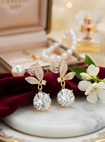 Golden Leaf Drop Earrings with Oversized Round CZ