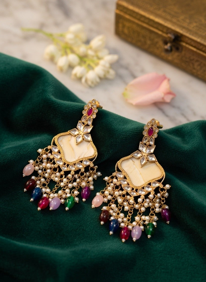Royal Kundan Jhumka Earrings – Multicolor Pearl Tassel Drop
