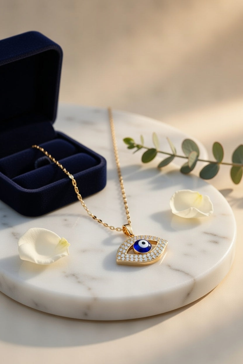 Gold Evil Eye Necklace for Women – Blue Nazar Protection Pendant with Crystal Detail