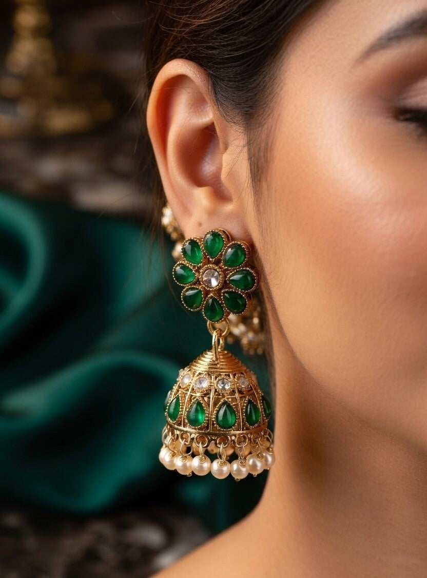 Artificial Pink & Green Small Jhumka Earrings with Pearl Drops