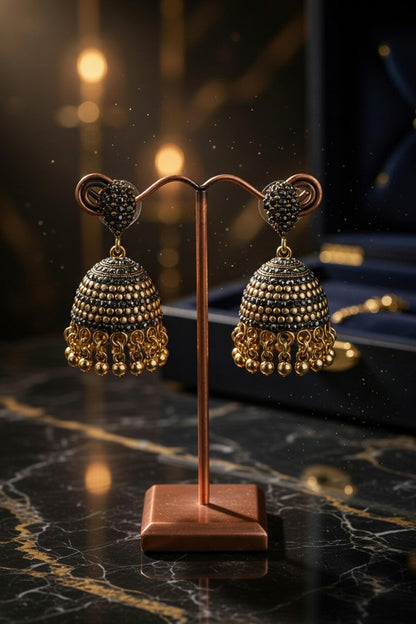 Oxidised Gold Plated Traditional Dome Jhumkas with Sparkling Black Stones