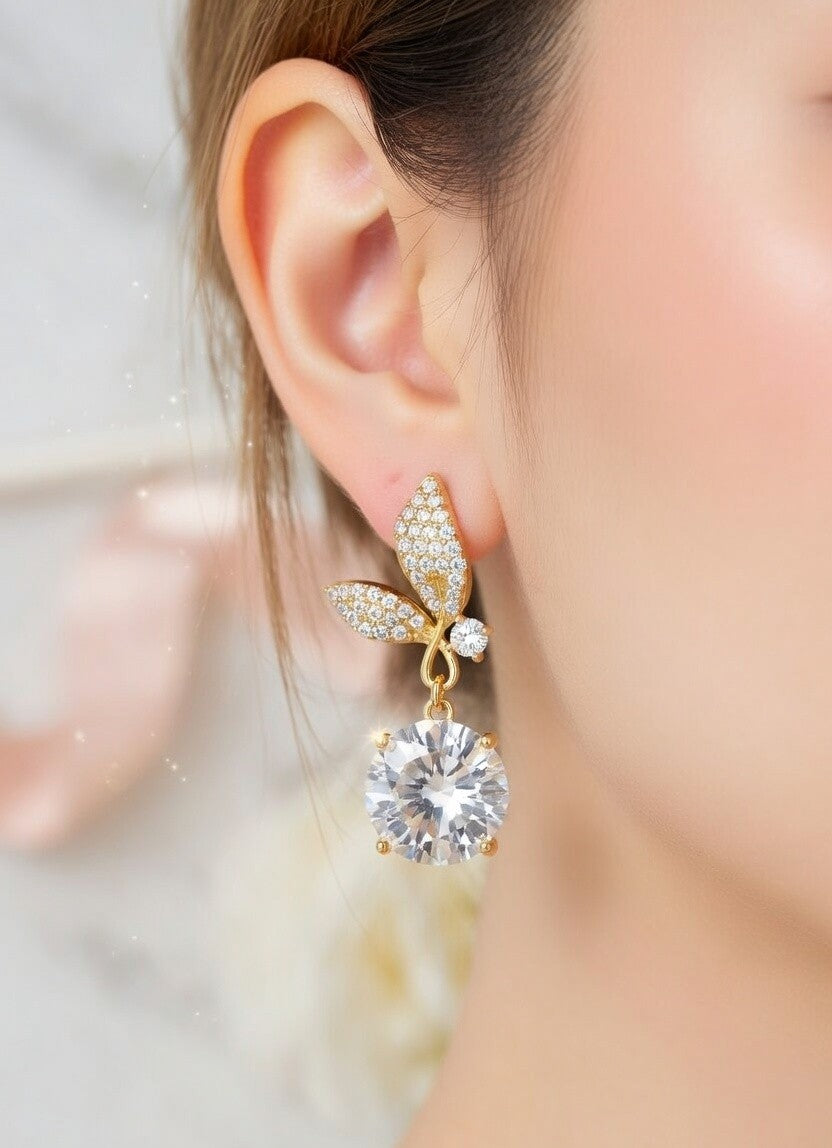 Golden Leaf Drop Earrings with Oversized Round CZ