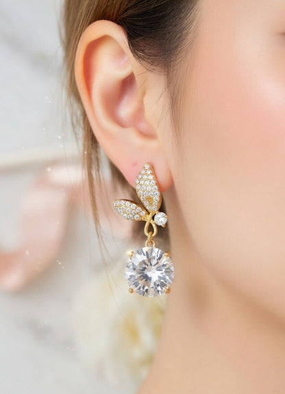 Golden Leaf Drop Earrings with Oversized Round CZ