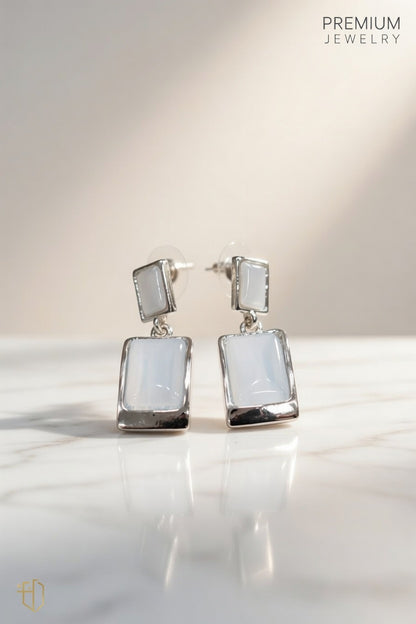 Elegant White Stone Rectangle Drop Earrings for Women | Silver Finish Minimal Party Wear
