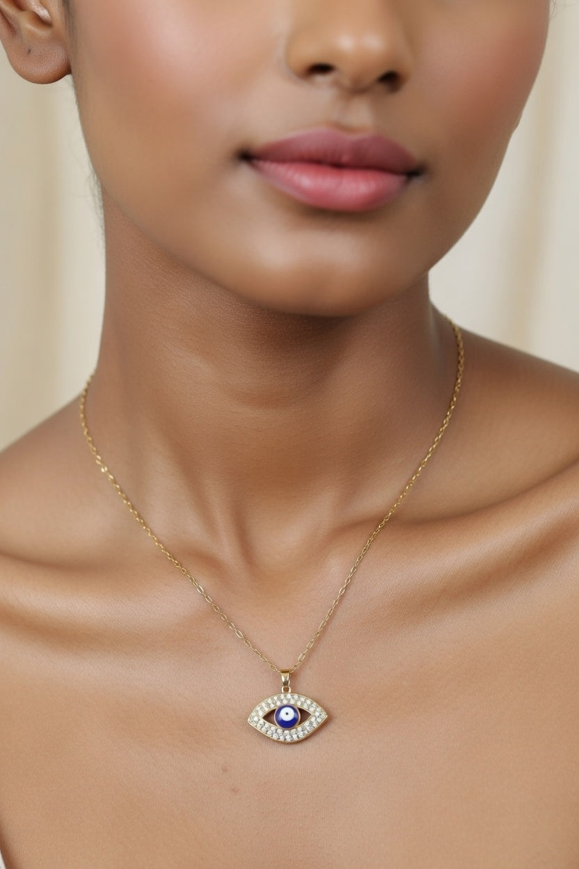 Gold Evil Eye Necklace for Women – Blue Nazar Protection Pendant with Crystal Detail