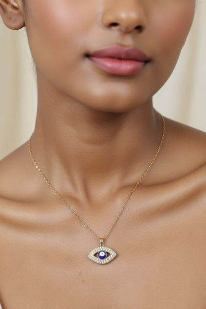 Gold Evil Eye Necklace for Women – Blue Nazar Protection Pendant with Crystal Detail
