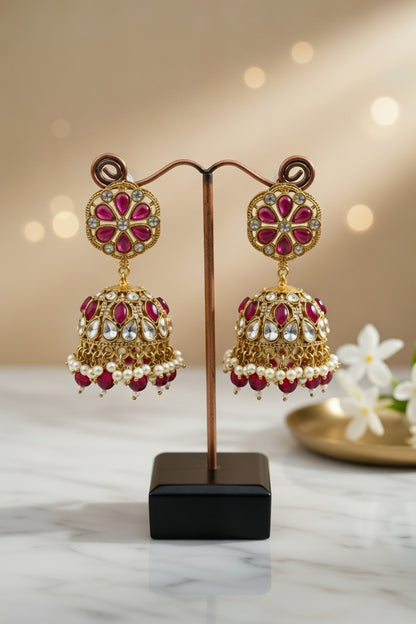 Ruby Kundan Pearl Jhumka Earrings