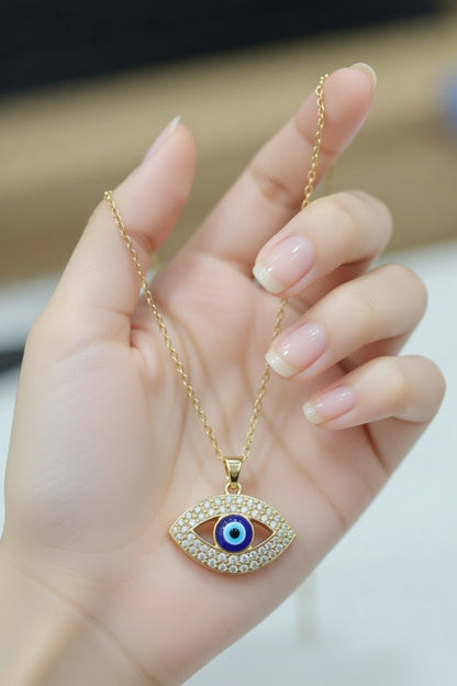 Gold Evil Eye Necklace for Women – Blue Nazar Protection Pendant with Crystal Detail