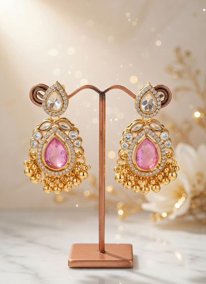Artificial Pink Stone Kundan Drop Earrings for Women