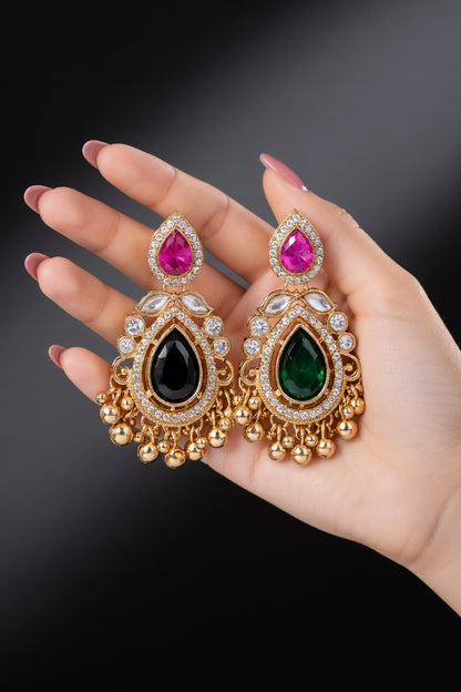 Green & Pink Kundan Jhumka Earrings for Women