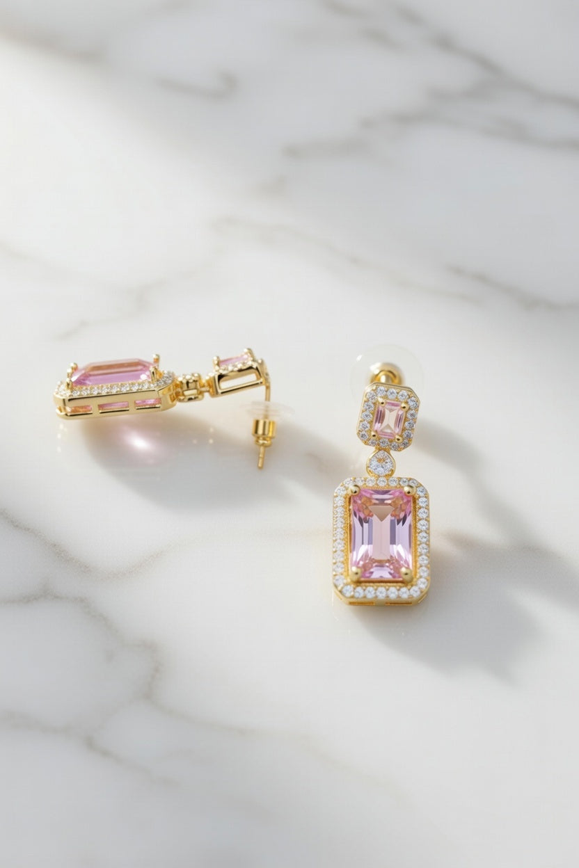 Crystal Statement Drop Earrings, Pink, Green – Gold Finish